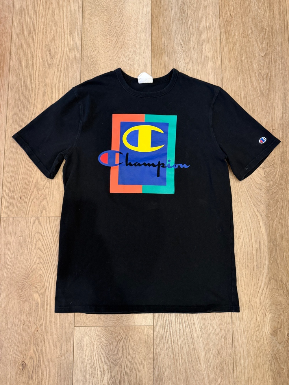 Champion Heritage Graphic Logo T-Shirt Black Colorblock Spellout Tee Men’s Large
